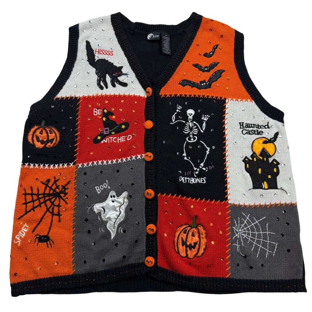 VTG Holiday Editions Halloween Patchwork Sweater Vest Size 2X Skeleton Cat Ghost